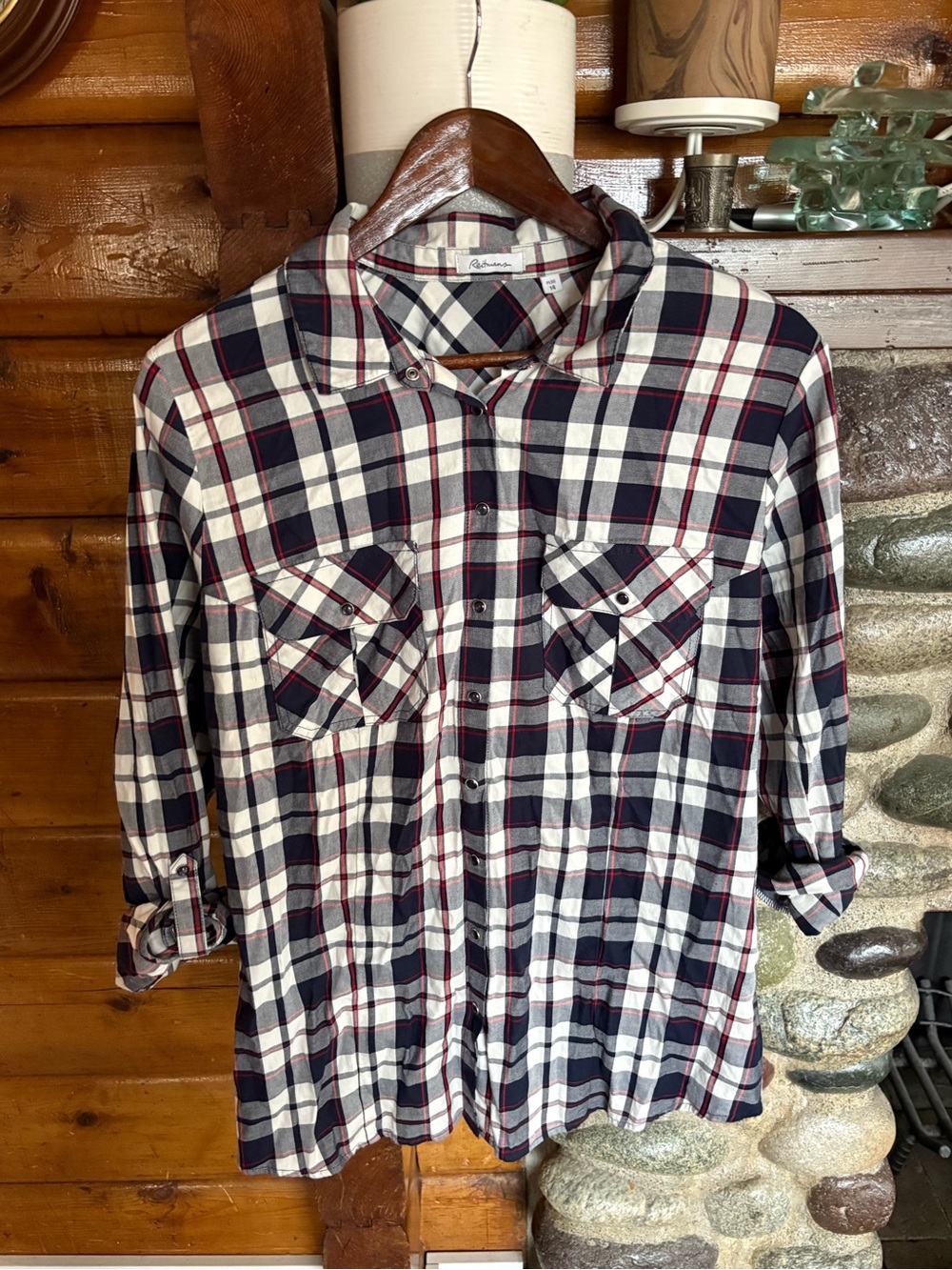 Reitmans Plaid Western Snap Roll-Tab Shirt Plus 14
